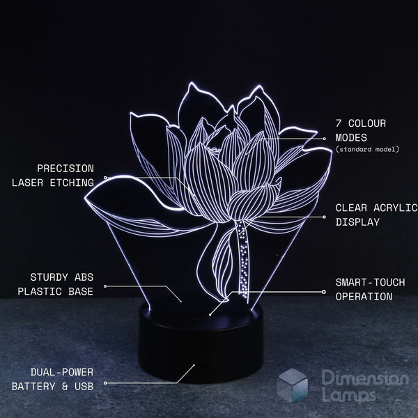 Lotus flower 3d night lamps features: precision laser etching of the intricate floral design, 7 colour modes, clear acrylic display, sturdy ABS plastic base, smart-touch operation, and dual power via battery or USB. A thoughtful floral-inspired gift. 