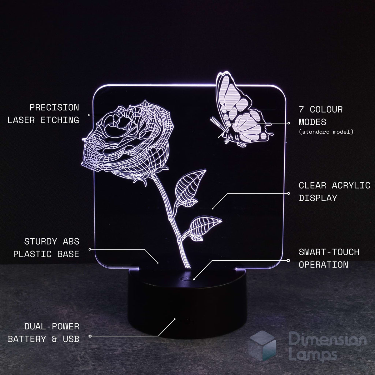 Nightlight specifications: The 3D rose and butterfly lamp boasts precision laser etching of the floral and insect design, 7 colour settings, a clear acrylic display, a sturdy ABS plastic base, smart touch controls, and dual power options. A cool 3d night lamps choice.