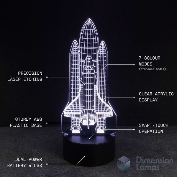 Space Shuttle 3d night lamps features: precision laser etching of the rocket design, 7 colour modes, clear acrylic display, sturdy ABS plastic base, smart-touch operation, and dual power via battery or USB. A thoughtful lighting solution for a boys bedroom.
