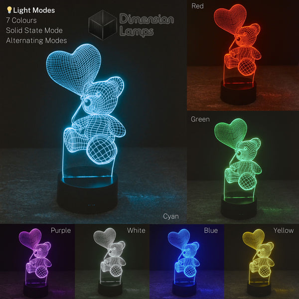 This collage from Australia showcases the Teddy Bear Heart 3D Lamp illuminating in various colours, including red, green, cyan, purple, white, blue, and yellow. It also highlights the solid state and alternating light modes available.