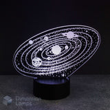 A white 3D LED lamp shows an etched depiction of the solar system, complete with planets orbiting the central sun, all illuminated on a black base against a dark background. This unique night light is ideal for a boys room in Australia.