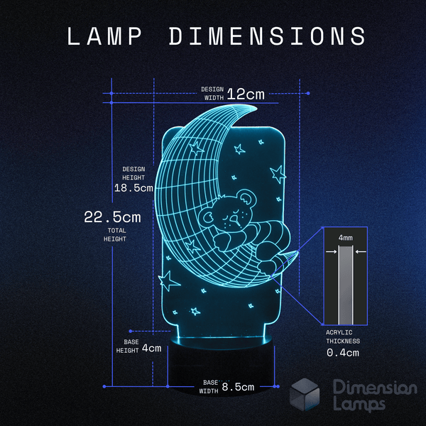 Calming nightlight dimensions for a child's room: Teddy Moon 3D Lamp size - 12cm design width, 18.5cm design height, 22.5cm total height, 4cm base height, 8.5cm base width, 0.4cm acrylic thickness.