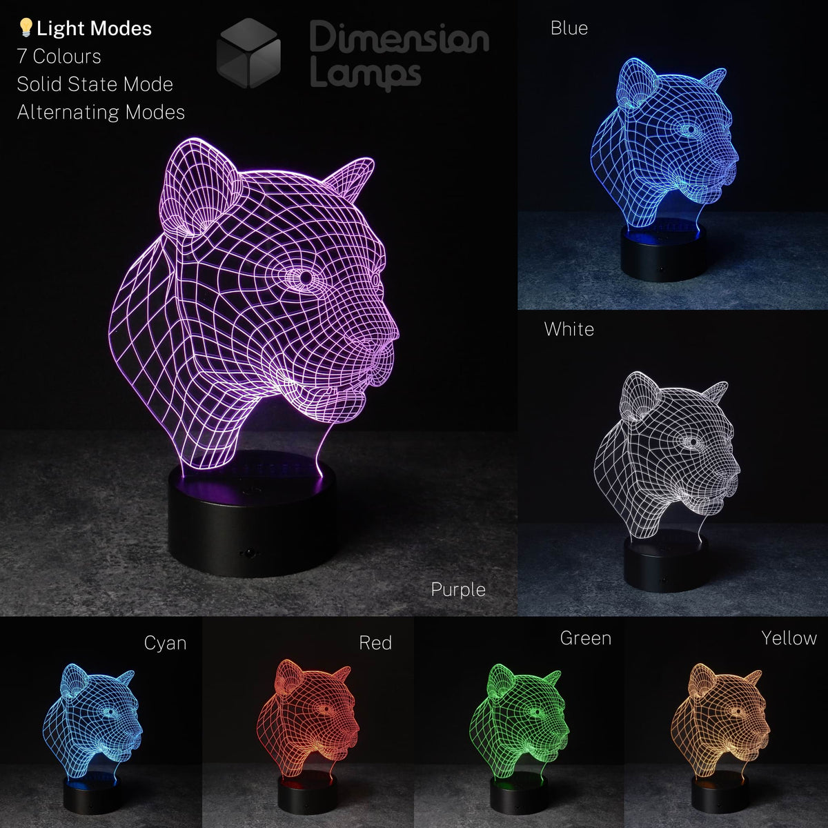 Nightlight options: a 3D panther head design, a popular 3d night lamp, shown in purple, white, blue, cyan, red, green, and yellow. 