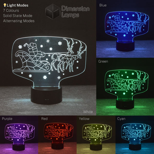 A colourful gift idea: a 3D Santa Sled lamp showcasing its seven different illumination colours for a festive holiday decoration.