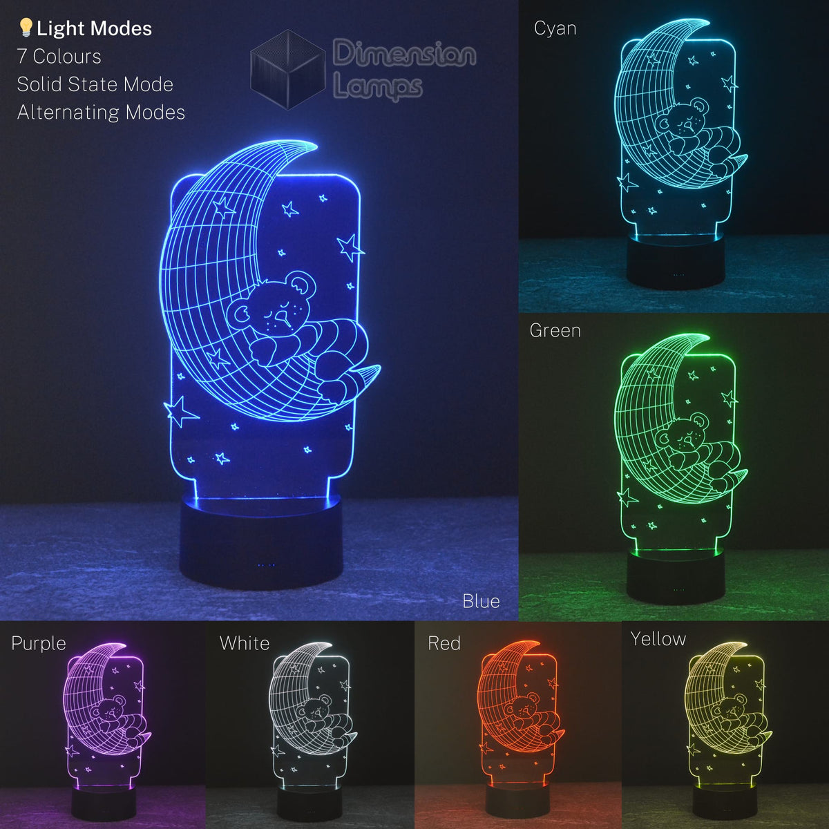 A visual of the Teddy Moon 3D Lamp as a calming nightlight, showcasing its seven colour options: purple, white, red, yellow, cyan, green, and blue. Also shows solid and alternating light modes.