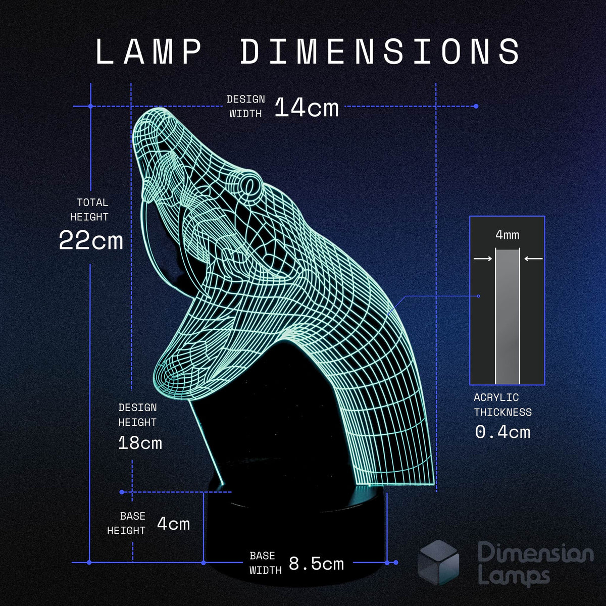 Nightlight size specifications for reptile enthusiasts: A 3D snake lamp has a design width of 14cm, total height of 22cm, design height of 18cm, base height of 4cm, base width of 8.5cm, and an acrylic thickness of 0.4cm. A cool 3d night lamps option.
