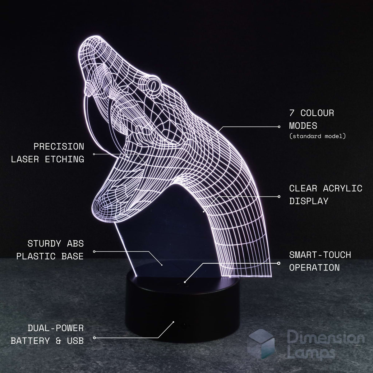 Detailed features of the 3D snake illusion lamp: precision laser etching defining the snake silhouette, seven colour modes, clear acrylic display, sturdy ABS plastic base, smart-touch operation, and dual power capability using batteries or USB. A distinctive 3d night lamps option for reptile enthusiasts. 