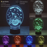 Collage view of the 3D Merry Christmas Snowman illusion lamp, presenting its available colours and indicating steady and flashing light display choices for Christmas decor. 