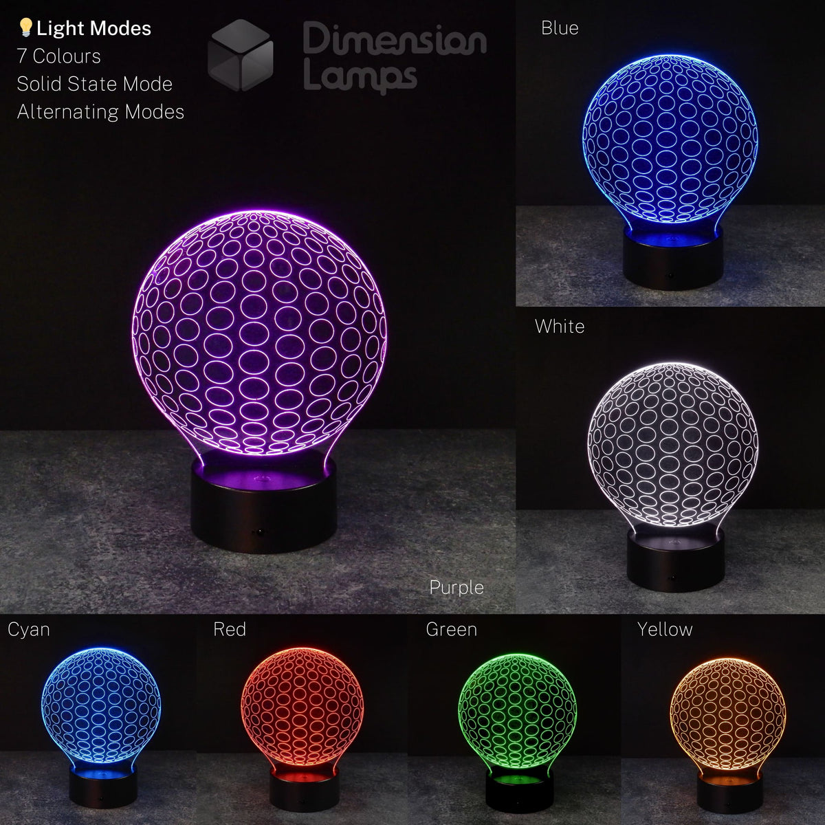 Radial circles 3D lamp colour variations: a symmetrical spherical design, potentially a helpful study aid, is shown in a collage with red, green, blue, yellow, cyan, purple, and white illumination, each on a black base against a dark background, available in Australia.