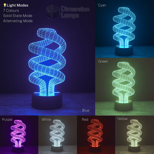 Nightlight with a 3D spiral design in blue, cyan, green, yellow, red, white, and purple colour variations. Solid and alternating light options for focused study lighting. 