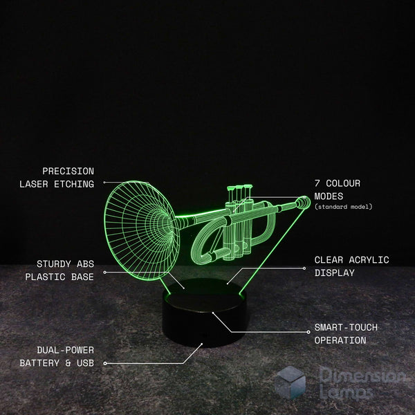 Nightlight features: The 3D trumpet lamp boasts precision laser etching, 7 colour settings, a clear acrylic display, a sturdy ABS plastic base, smart touch controls, and dual power options. A cool gift for brass players and musicians.