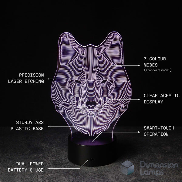 Nightlight features of the 3D Wolf Lamp include precision laser etching of the wolf head, 7 colour settings, clear acrylic display, durable ABS plastic base, smart touch controls, and both battery and USB power sources. 