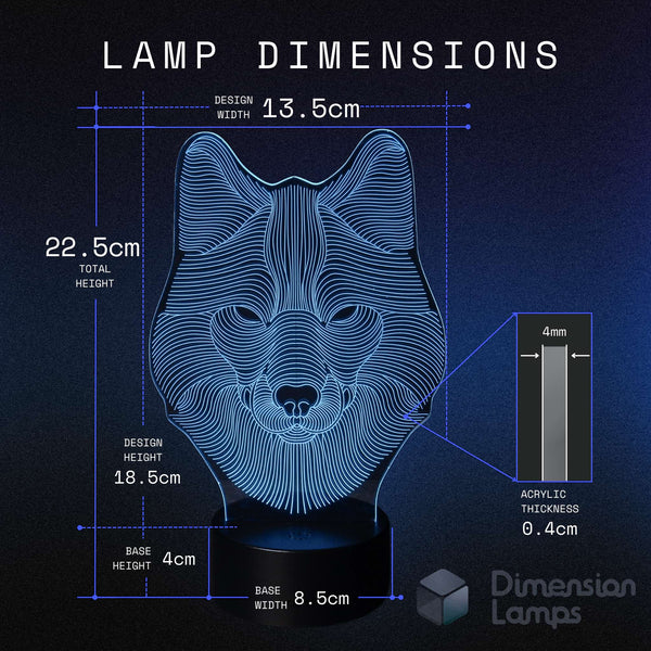 Wolf 3D lamp dimensions for bedroom and home decor: 13.5cm design width, 22.5cm total height, 18.5cm design height, 0.4cm acrylic thickness, 4cm base height, 8.5cm base width. Unique lighting in Australia. 