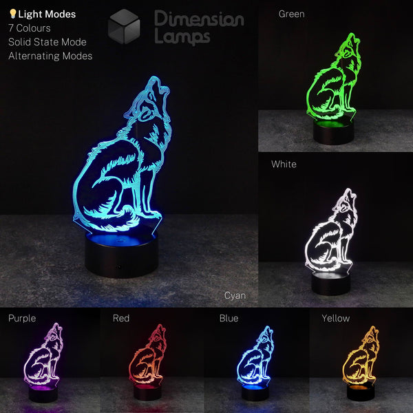 Howling wolf 3D lamp colour variations: explore the ambient lighting options for this unique animal night light in Australia. A collage displaying the seven available colours, each showing a faceted wolf in a howling posture on a black base.