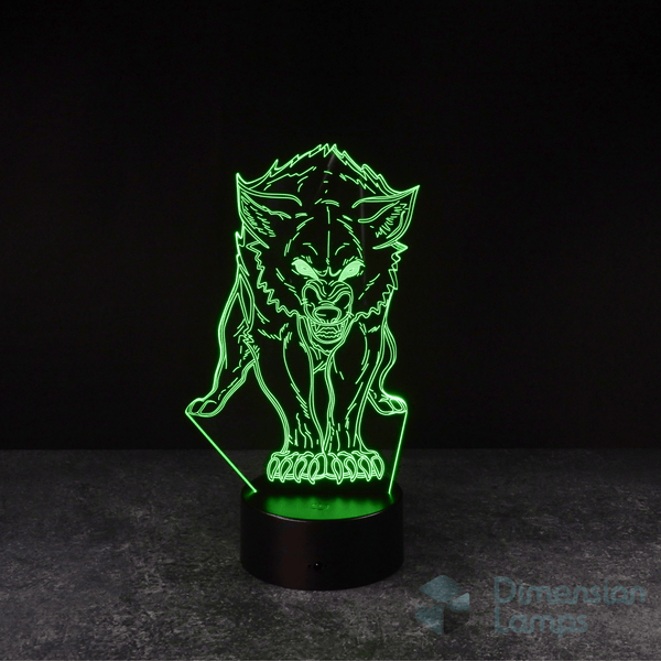 Detailed wolf 3D lamp: green faceted design of a wolf with glowing eyes and visible teeth, standing on a patterned base against a dark background. A cool gift for teens' room decor in Australia. 