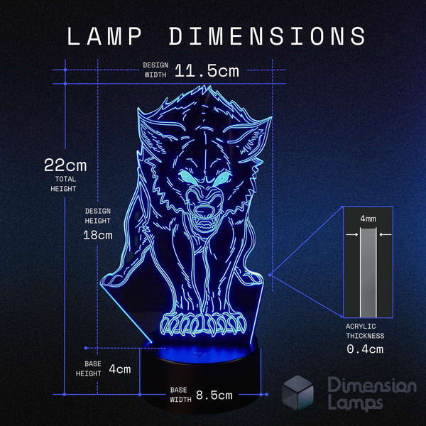 Size specifications for a 3D wolf night light with a faceted design: design width 11.5cm, total height 22cm, design height 18cm, base height 4cm, base width 8.5cm, and acrylic thickness 0.4cm. A cool teen gift in Australia.