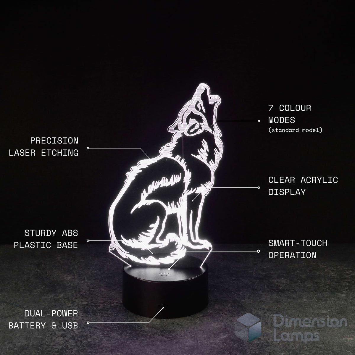 Detailed features of the 3D howling wolf illusion lamp: precision laser etching defining the faceted structure of a howling wolf, seven colour modes, clear acrylic display, sturdy ABS plastic base, smart-touch operation, and dual power capability using batteries or USB. A distinctive gift for teens in Australia.