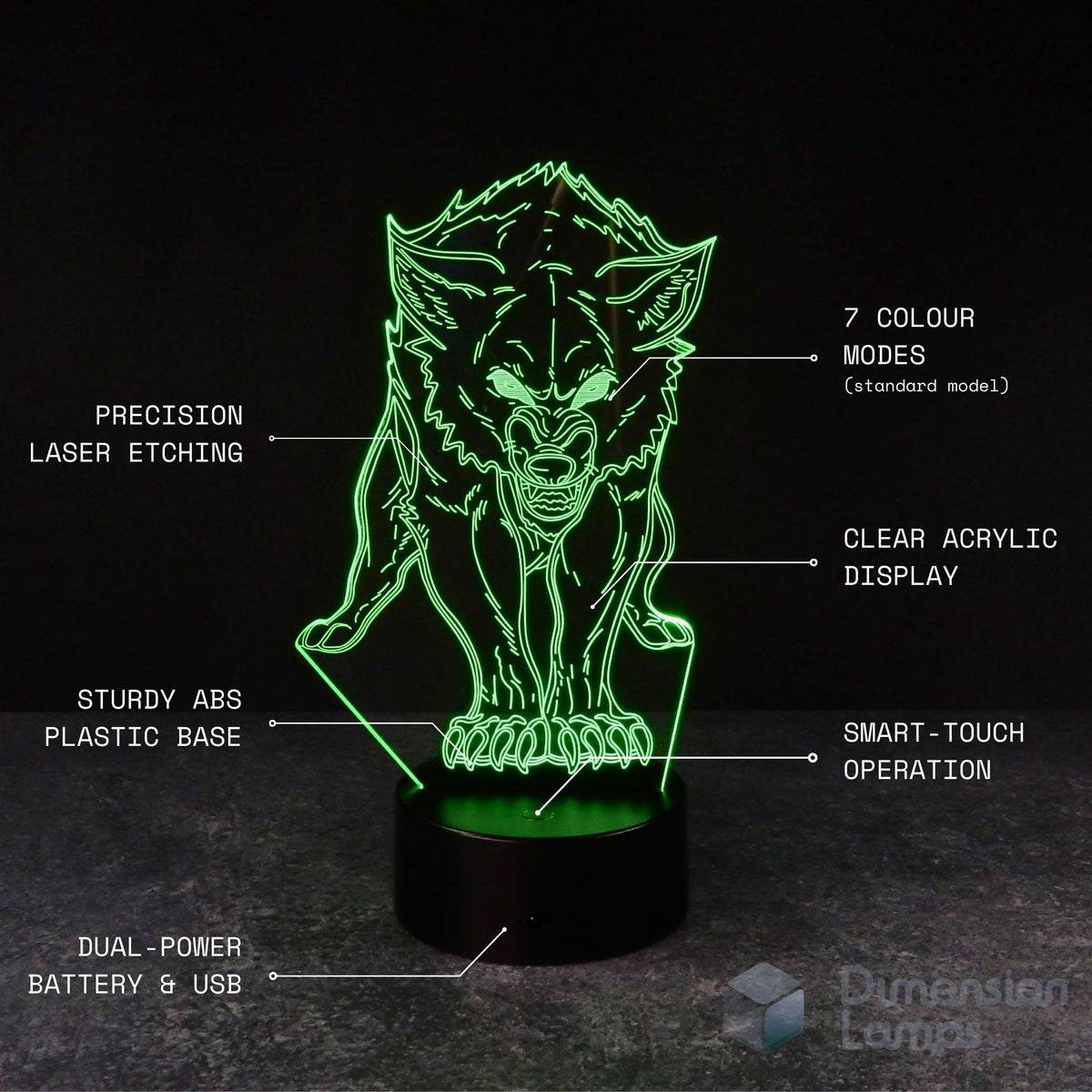 Features of the Prowling Wolf 3D Lamp: precision laser etching forming a detailed, faceted wolf with glowing eyes and bared teeth, 7 colour modes, clear acrylic display, sturdy ABS plastic base, smart-touch operation, and dual power via battery and USB. A cool gift for teens in Australia.