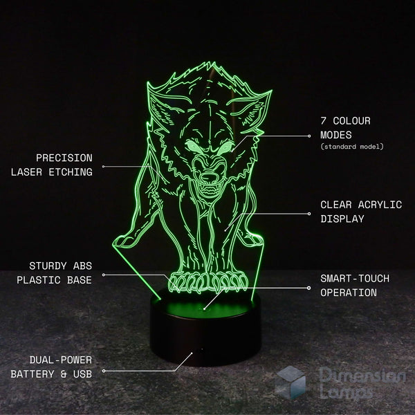 Features of the Prowling Wolf 3D Lamp: precision laser etching forming a detailed, faceted wolf with glowing eyes and bared teeth, 7 colour modes, clear acrylic display, sturdy ABS plastic base, smart-touch operation, and dual power via battery and USB. A cool gift for teens in Australia.