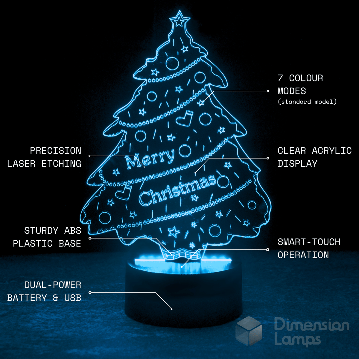 Merry Christmas Tree 3D Lamp features for holiday decor: 7 colour modes.