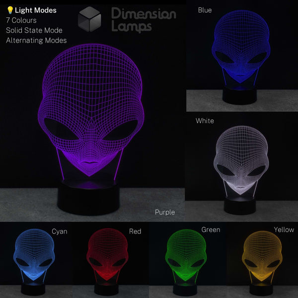 Alien-head-shaped led 3D lamp displayed in Blue, White, Purple, Cyan, Red, Green, and Yellow. Ideal alien themed gift for teens and UFO enthusiasts.