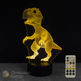 Baby dinosaur-shaped night light with timer remote control on a dark background.