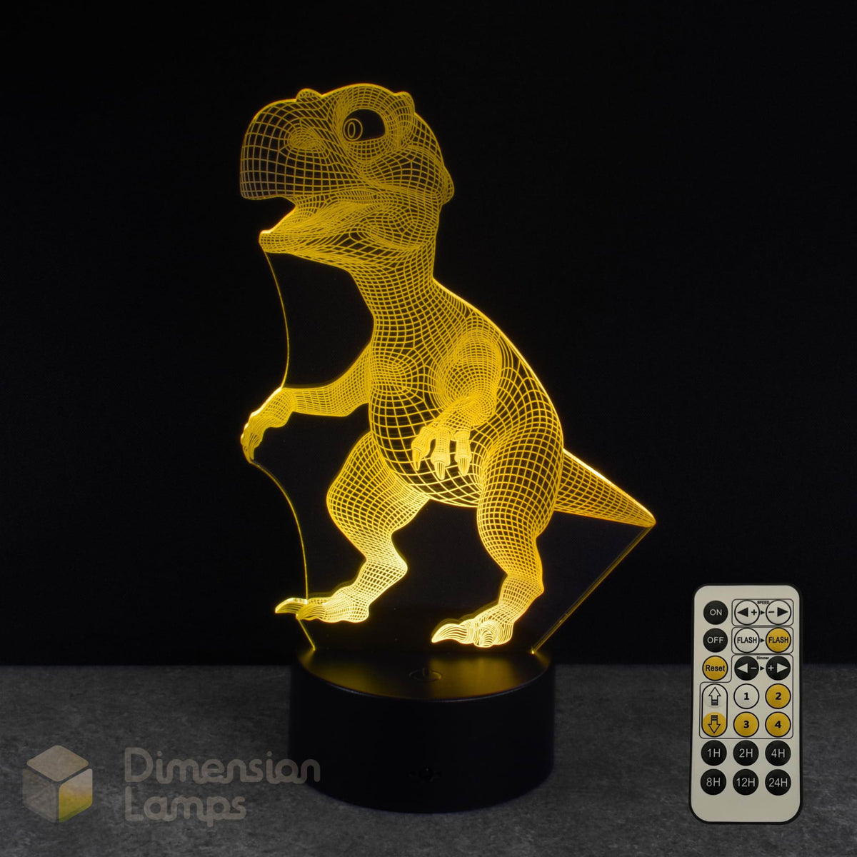 Baby dinosaur-shaped night light with timer remote control on a dark background.