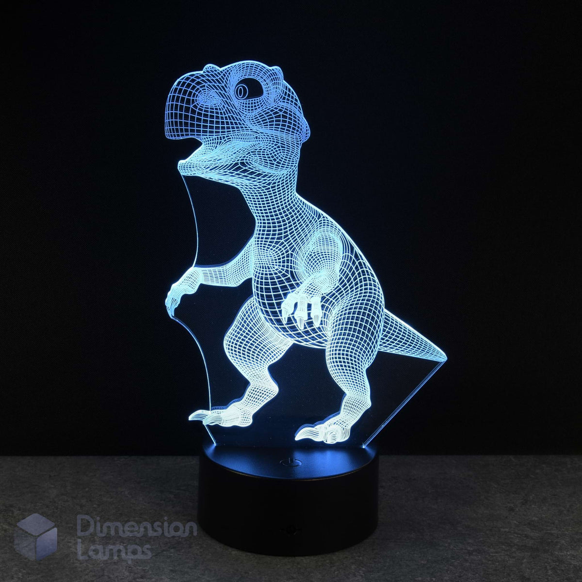 Cyan 3D baby dinosaur lamp on a black background. Perfect gift idea for kids that love dinosaurs.