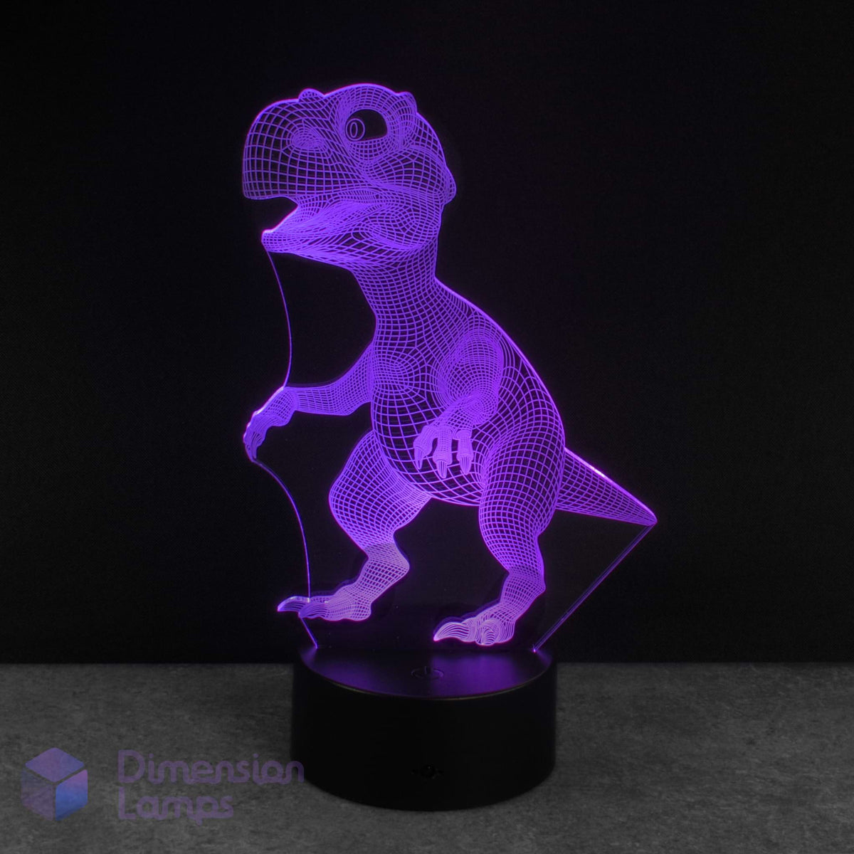 3D baby dinosaur lamp with a purple hue on a dark background. Night light for dinosaur lovers.