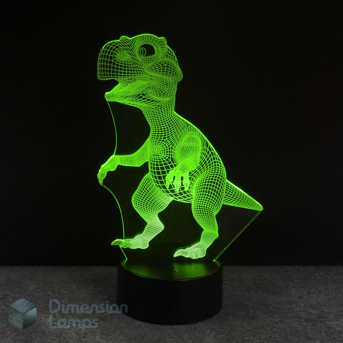 Green baby dinosaur-shaped lamp on a black background. Gift idea for dinosaur fans.