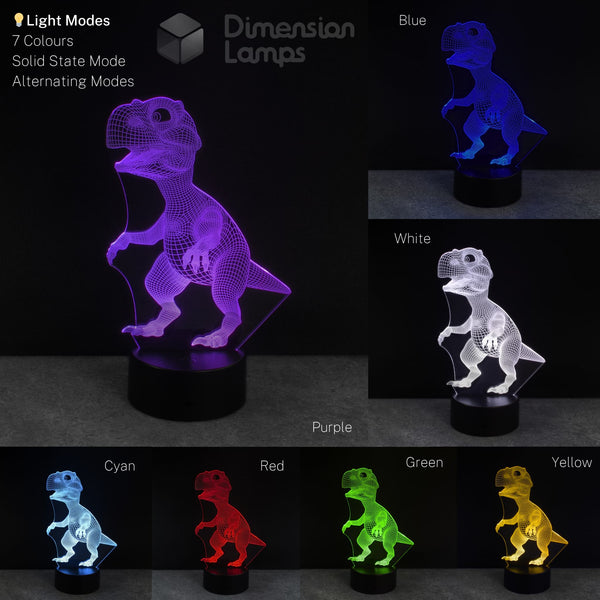 Baby dinosaur-shaped lamps displaying various colour modes on a dark background.