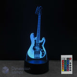 Bass guitar LED 3d illusion lamp with remote control on a dark background. Gift idea for bass players and guitarists.