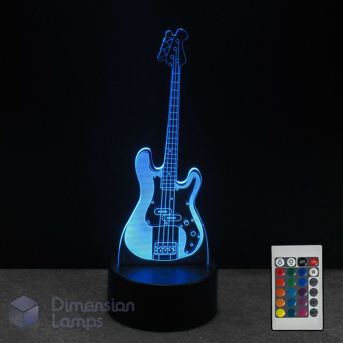 Bass guitar LED 3d illusion lamp with remote control on a dark background. Gift idea for bass players and guitarists.