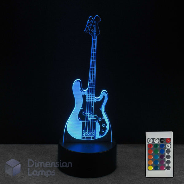Bass guitar LED 3d illusion lamp with remote control on a dark background. Gift idea for bass players and guitarists.