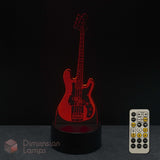 Bass guitar shaped 3d lamp with remote control on a dark background, gift idea for bass players.