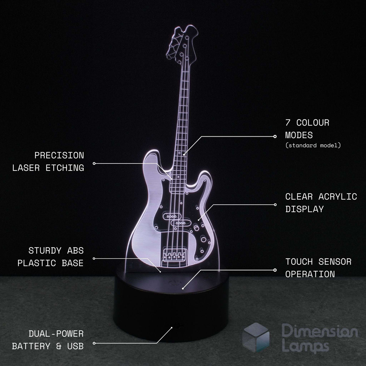 Bass guitar night light with labelled features on a black background. Suits bass players, rock and metal bass guitarist.  