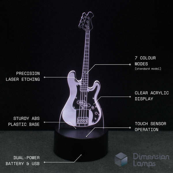 Bass guitar night light with labelled features on a black background. Suits bass players, rock and metal bass guitarist.  