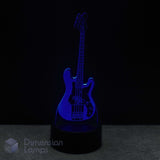 Bass guitar 3d led lamp illusion lamp emitting a blue light on a dark background. Bass player birthday present. 