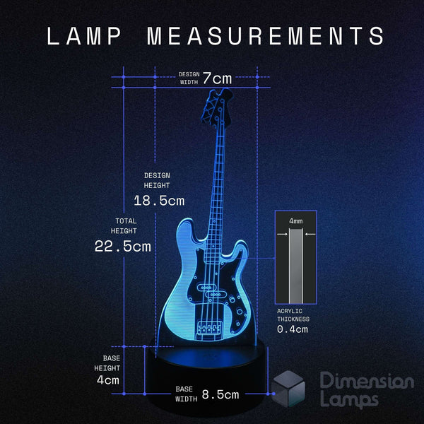 Bass guitar illusion 3d night light lamp lamp with measurements on a dark background. Aussie bass player gift idea. 