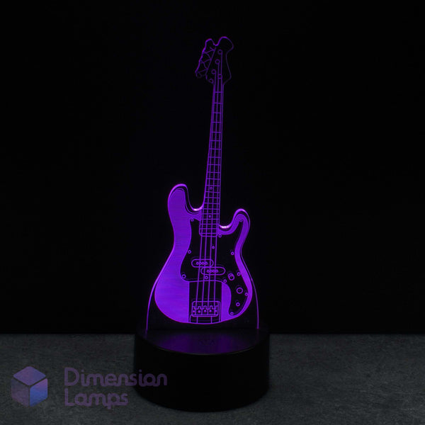 Bass guitar lamp 3dd LED illusion emitting a purple glow on a dark background, for bass guitarists, bass players.