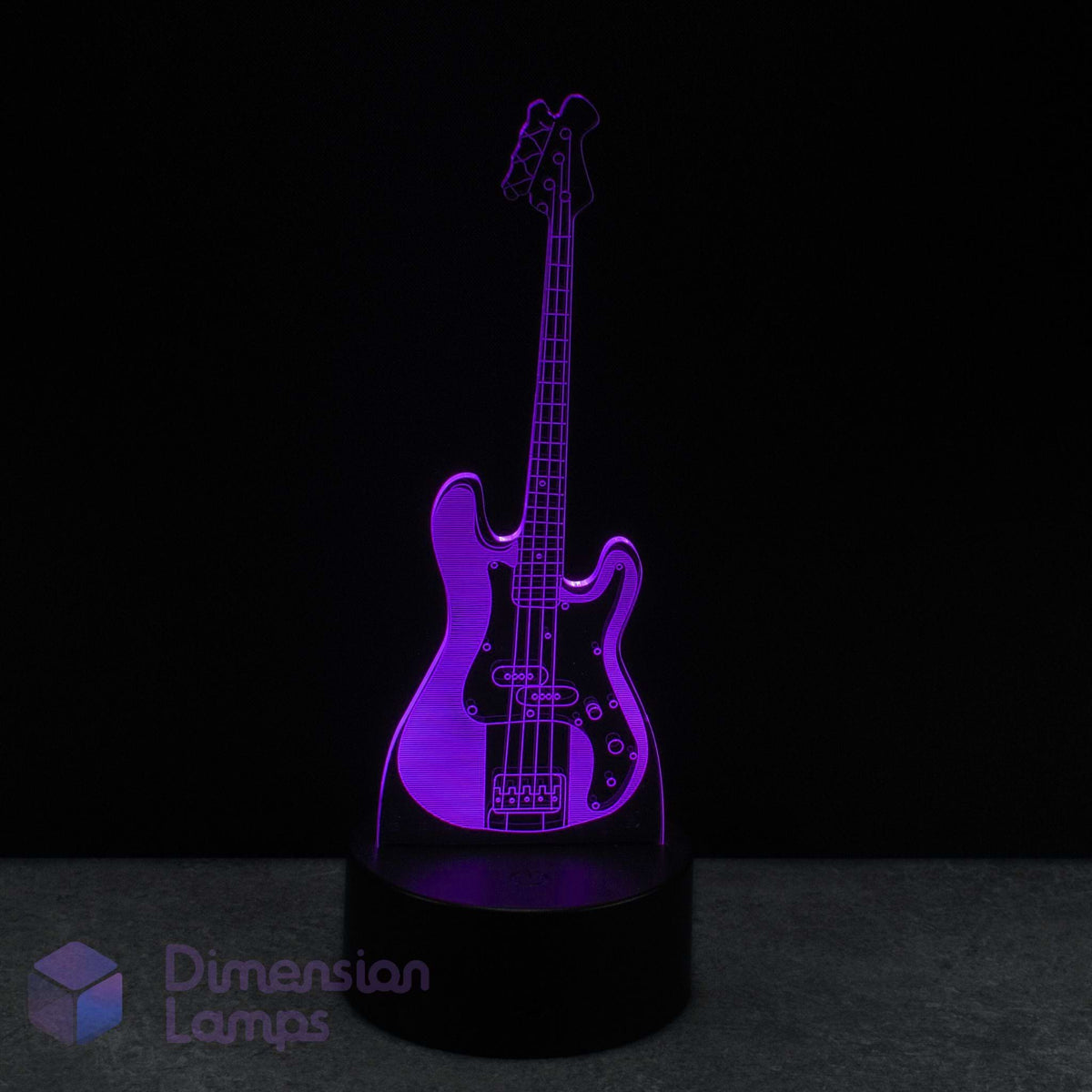 Bass guitar lamp 3dd LED illusion emitting a purple glow on a dark background, for bass guitarists, bass players.