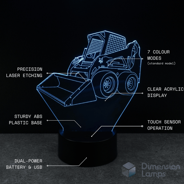 3D laser-cut skid steer night light with technical details on a black background