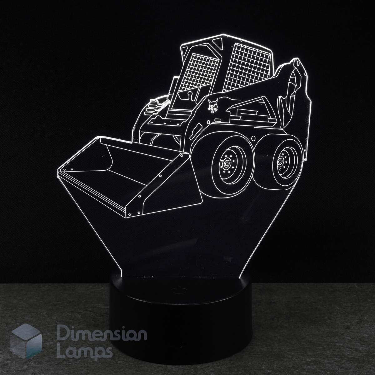 3D LED lamp shaped like a skid steer loader on a black background with 'Dimension Lamps' branding.