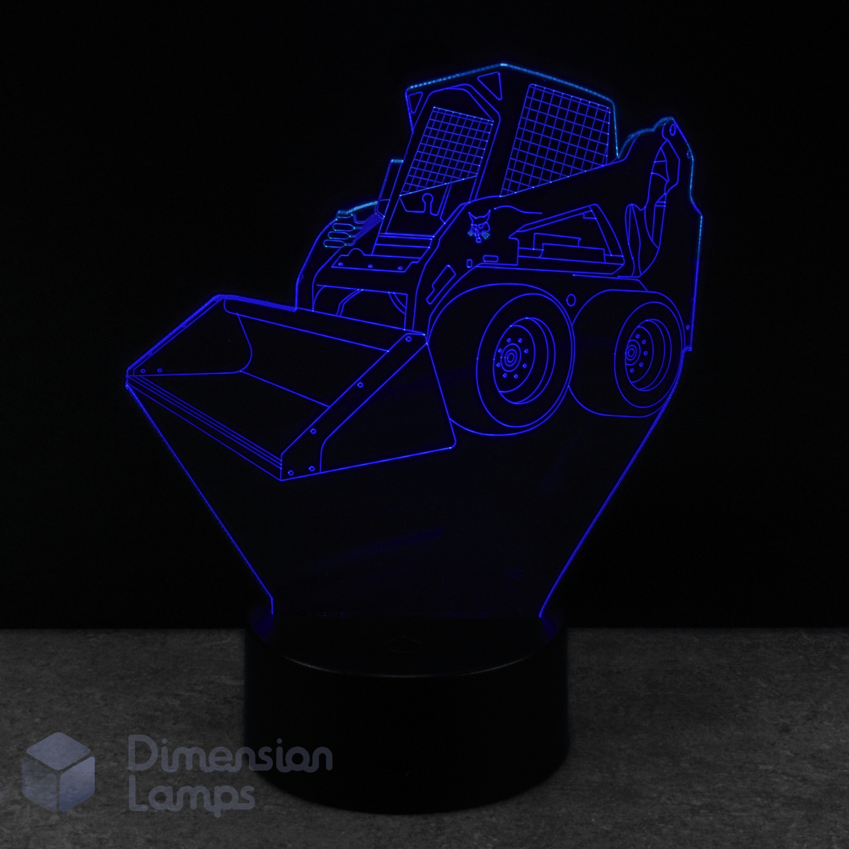 3D LED lamp shaped like a skid steer loader bobcat on a black background. Construction themed kids lamp.