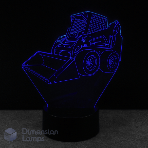 3D LED lamp shaped like a skid steer loader bobcat on a black background. Construction themed kids lamp.
