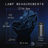 Blueprint-style diagram of a bobcat skid steer lamp with measurements on a dark background. Boys construction lamp.