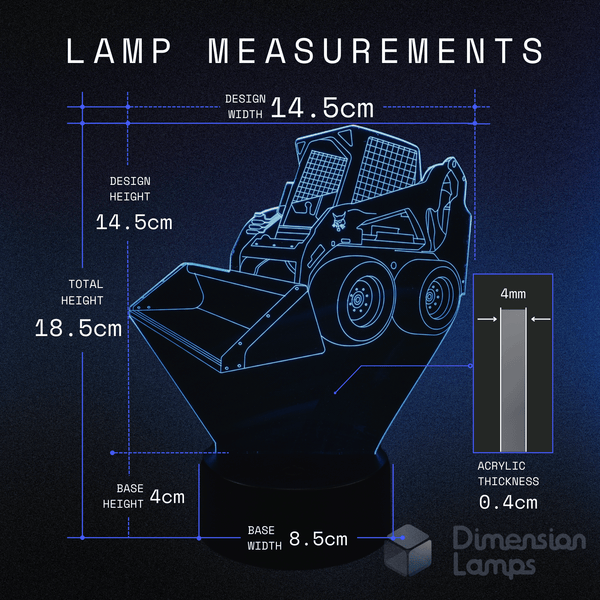 Blueprint-style diagram of a bobcat skid steer lamp with measurements on a dark background. Boys construction lamp.