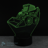 3D LED lamp shaped like a skid steer bobcat loader on a black background. Kids construction themed gift lamp.