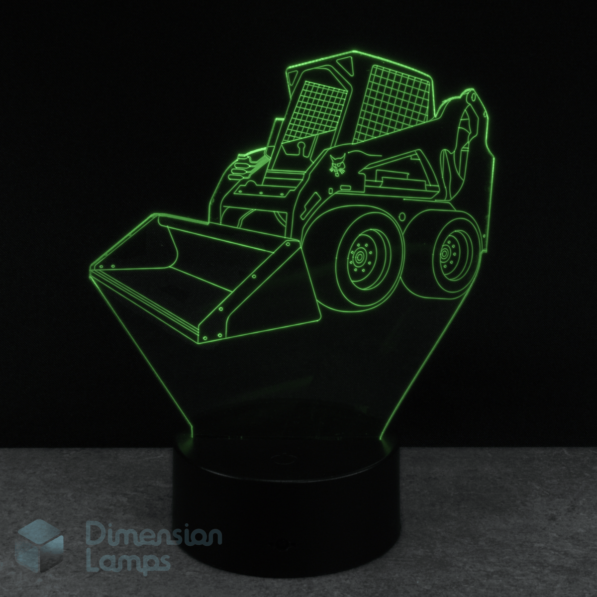 3D LED lamp shaped like a skid steer bobcat loader on a black background. Kids construction themed gift lamp.