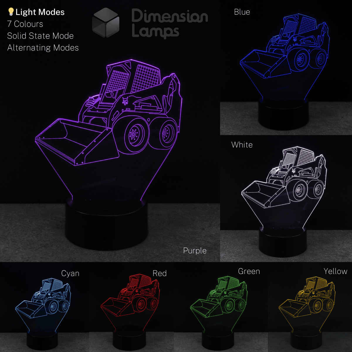 Construction themed 3D Bobcat skid steer loader night light with colour-changing options on a dark background